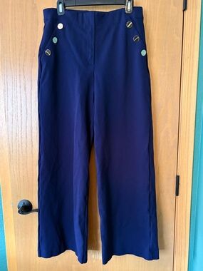 SPANX Navy High-Waist Wide-Leg Pants with Decorative Buttons